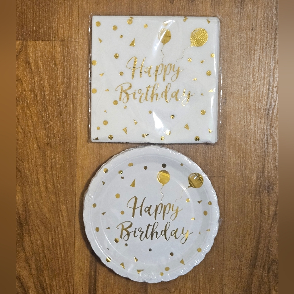 Gold and White Happy Birthday Party Supplies Set Serves 25